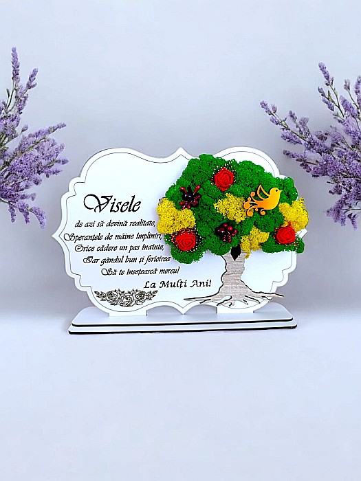 Tablou copac cu licheni stabilizati, personalizat cu mesaj standard, cadou pentru prieteni, familie, persoane speciale, dimensiune 30x20cm [1]