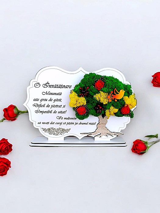 Tablou copac cu licheni stabilizati, personalizat cu mesaj standard, cadou pentru Învatatoare, dimensiune 30x20cm [1]