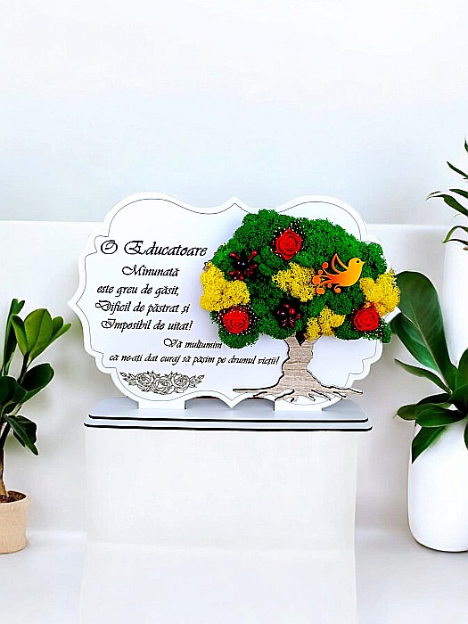 Tablou copac cu licheni stabilizati, personalizat cu mesaj standard, cadou pentru Educatoare, dimensiune 30x20cm [1]
