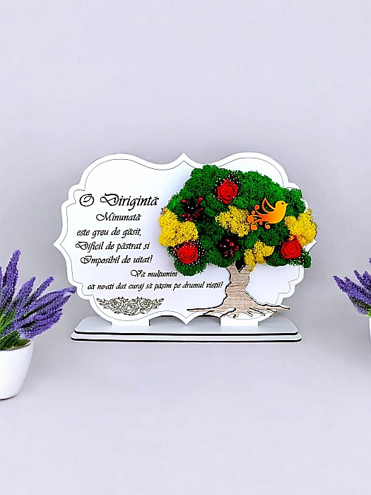 Tablou copac cu licheni stabilizati, personalizat cu mesaj standard, cadou pentru Diriginta, dimensiune 30x20cm [1]