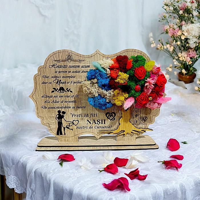 Tablou copac cu licheni stabilizati, personalizat cu mesaj standard, cadou pentru casatorie, logodna, cerere nasi "Vreti sa fiti nasii nostri?" dimensiune 30x20cm, Maro [1]