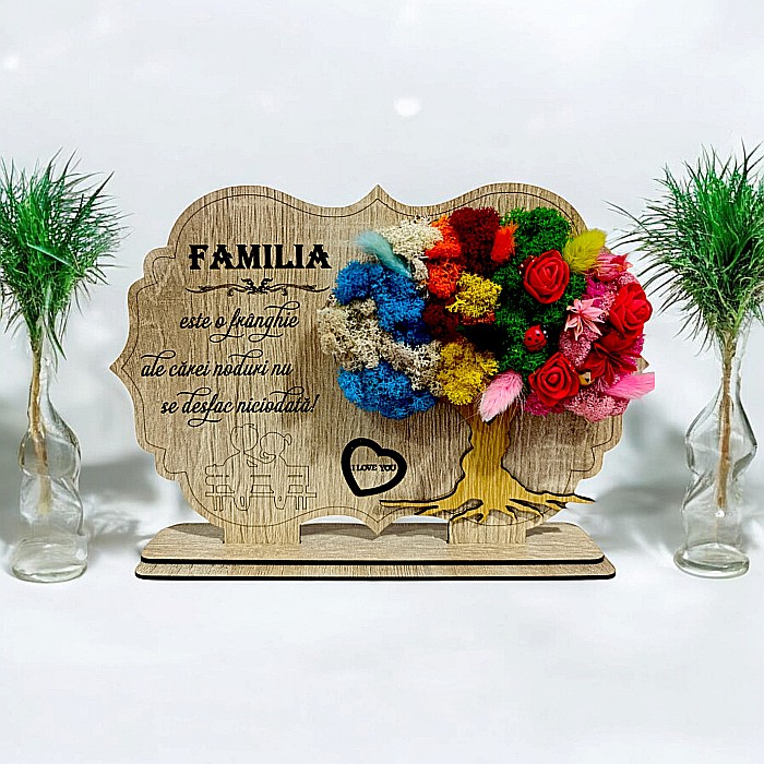 Tablou copac cu licheni stabilizati, personalizat cu mesaj standard, cadou pentru familie model 3, dimensiune 30x20cm, Maro [1]