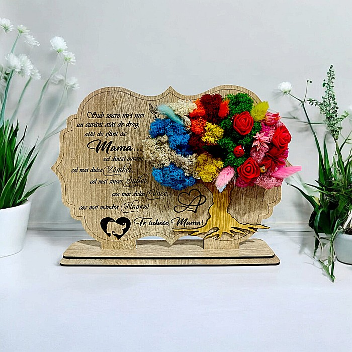 Tablou copac cu licheni stabilizati, personalizat cu mesaj standard, cadou pentru Mama, dimensiune 30x20cm, Maro [1]