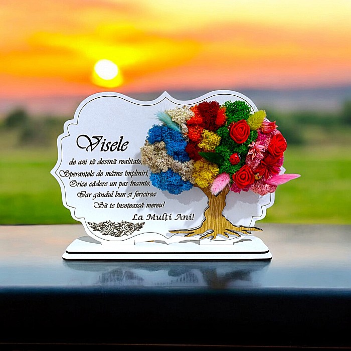 Tablou copac cu licheni stabilizati, personalizat cu mesaj standard, cadou pentru persoanele speciale, "Visele de azi", dimensiune 30x20cm [1]