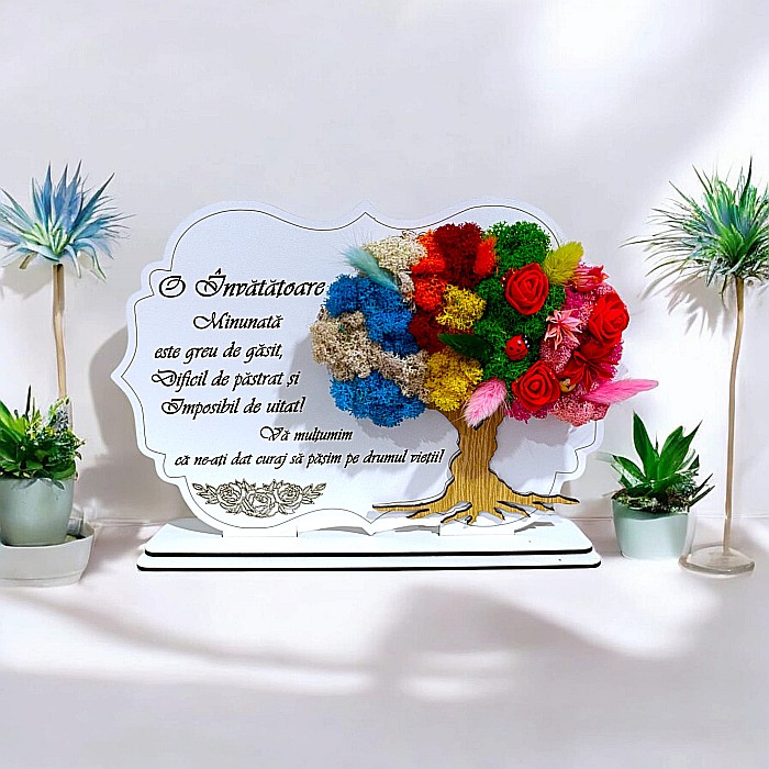 Tablou copac cu licheni stabilizati, personalizat cu mesaj standard, cadou pentru Invatatoare, dimensiune 30x20cm [1]