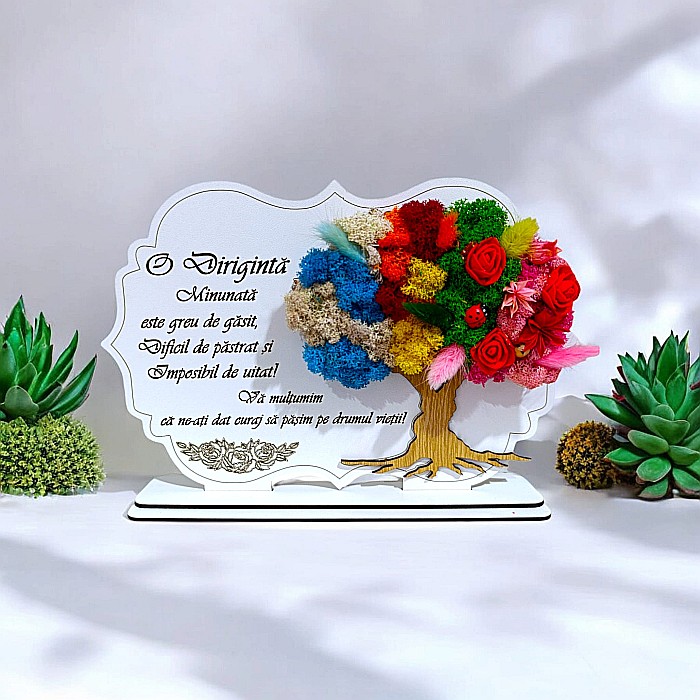 Tablou copac cu licheni stabilizati, personalizat cu mesaj standard, cadou pentru Diriginta, dimensiune 30x20cm [1]