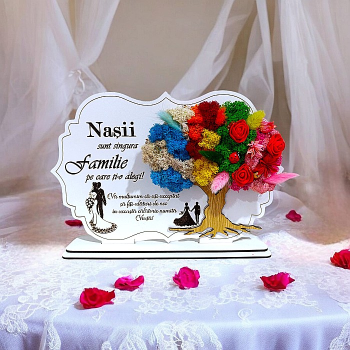 Tablou copac cu licheni stabilizati, personalizat cu mesaj standard, cadou pentru Nasi, "Nasii sunt singura familie pe care ti-o alegi!", dimensiune 30x20cm [1]
