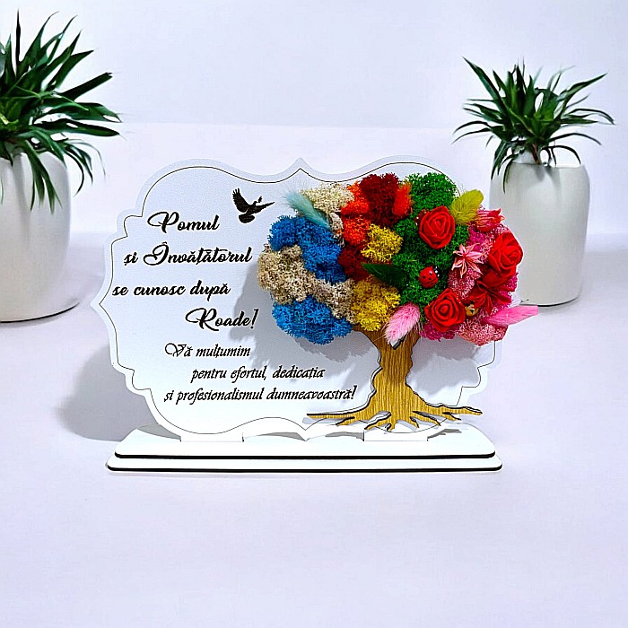 Tablou copac cu licheni stabilizati, personalizat cu mesaj standard, cadou pentru Invatatoare, Invatator "Pomul si Invatatorul..." dimensiune 30x20cm [1]
