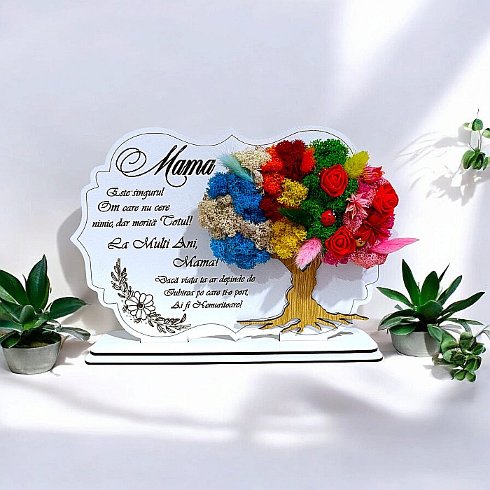 Tablou copac cu licheni stabilizati, personalizat cu mesaj standard pentru mama, dimensiune 30x20cm, model 5, alb [2]