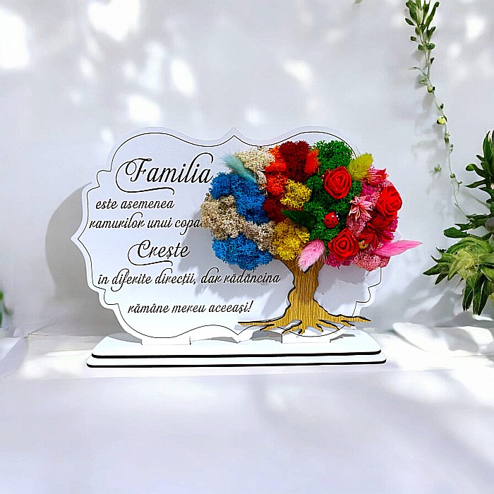 Tablou copac cu licheni stabilizati, personalizat cu mesaj standard, cadou pentru familie, nasi, fini "Familia este asemenea ramurilor..." dimensiune 30x20cm [1]