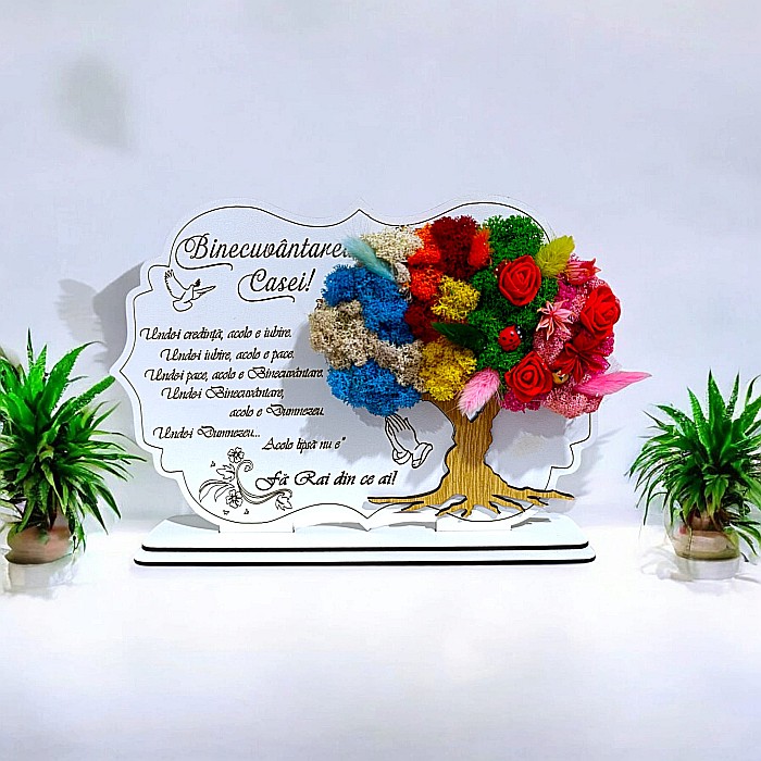 Tablou copac cu licheni stabilizati, personalizat cu mesaj standard, cadou pentru familie, nasi, fini "Binecuvantarea casei" dimensiune 30x20cm [1]