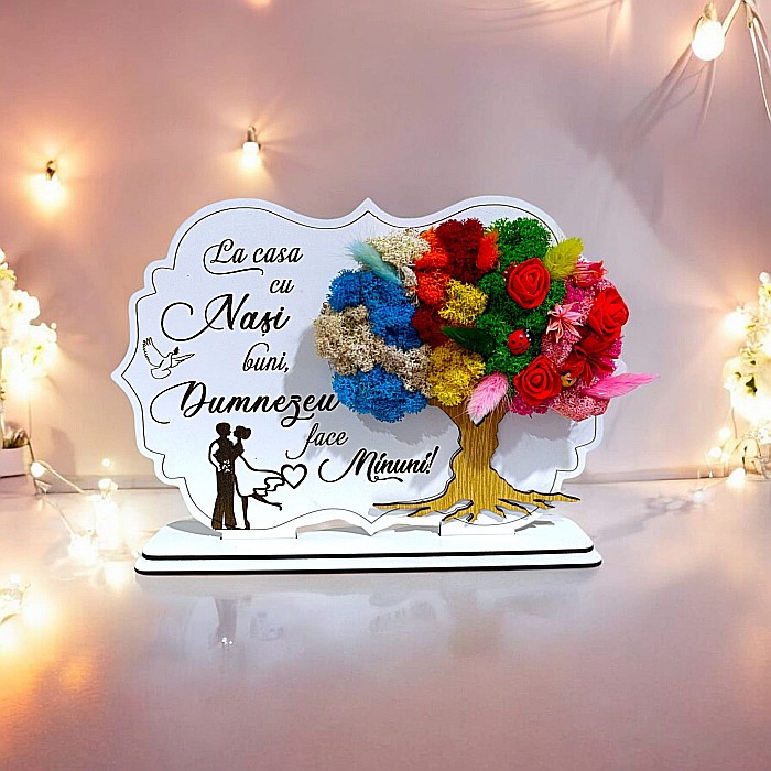 Tablou copac cu licheni stabilizati, personalizat cu mesaj standard, cadou pentru Nasi, "La casa cu nasii buni" dimensiune 30x20cm [1]