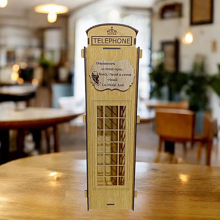 Cutie de vin personalizata cu mesaj standard, cadou personalizat pentru prieteni, familie, cabina telefonica, dimensiune 35x10cm, maro [1]