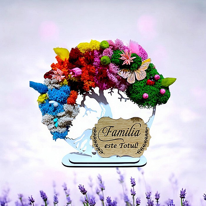 Tablou copacul vietii personalizat cu mesaj standard pentru fini, "La casa cu Fini buni, Dumnezeu face minuni!" cadou decorat cu licheni stabilizati, dimensiune 25 cm, model 2, 4 anotimpuri, Alb [2]