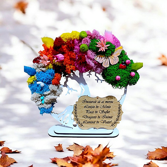 Tablou copacul vietii personalizat cu mesaj standard pentru familie, prieteni, persoane speciale, cadou decorat cu licheni stabilizati, 4 anotimpuri [1]