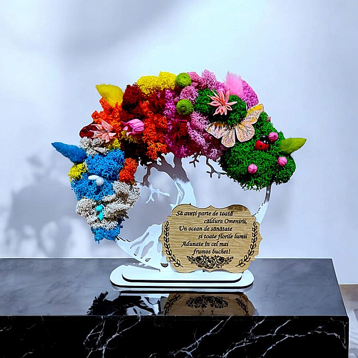 Tablou copacul vietii personalizat cu mesaj standard pentru profesoara, învatatoarea, persoane speciale, cadou decorat cu licheni stabilizati, 4 anotimpuri [1]