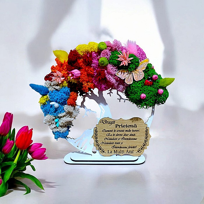 Tablou copacul vietii personalizat cu mesaj standard pentru Prietena, cadou decorat cu licheni stabilizati, 4 anotimpuri [1]
