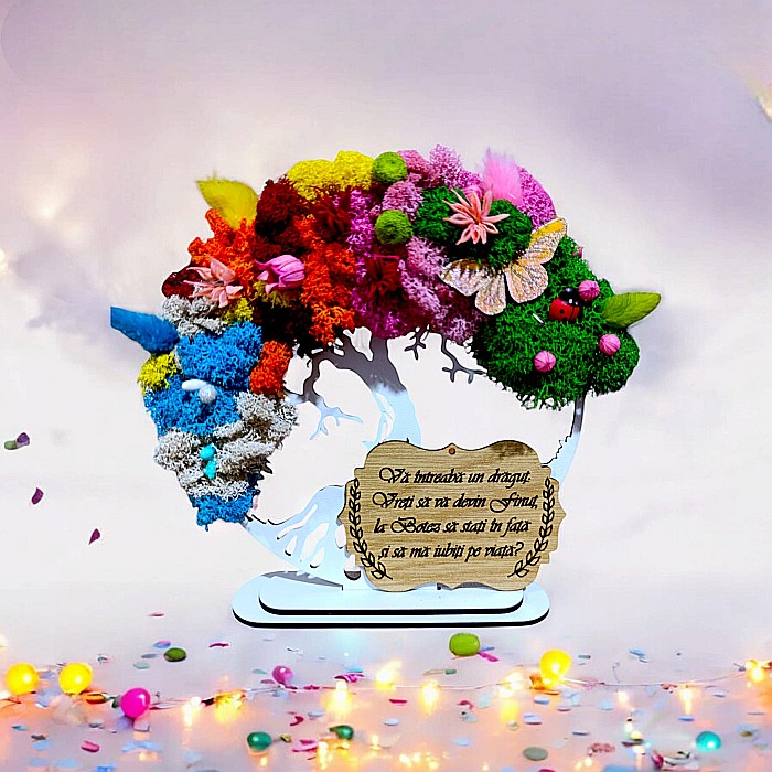 Tablou copacul vietii personalizat cu mesaj standard pentru nasi de botez,"Finut" cadou decorat cu licheni stabilizati, 4 anotimpuri [1]