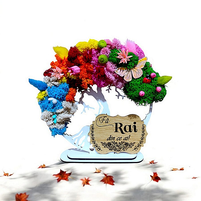Tablou copacul vietii personalizat cu mesaj standard "Fa Rai din ce ai!", cadou decorat cu licheni stabilizati, 4 anotimpuri [1]