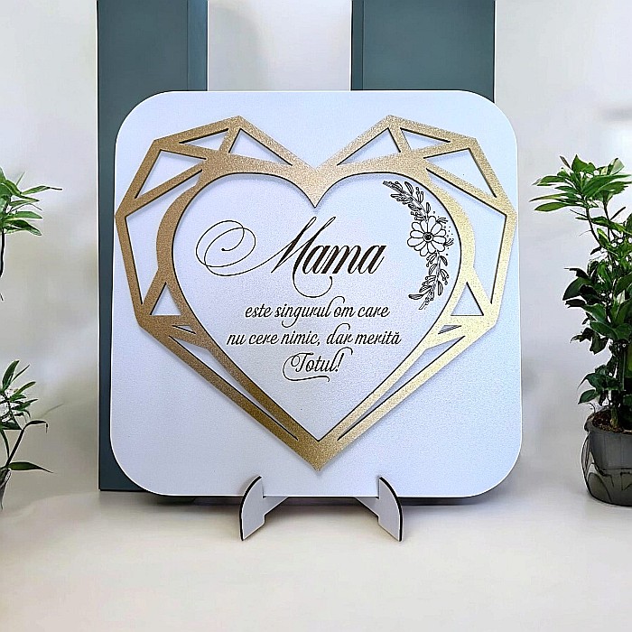 Tablou blank decorativ personalizat pentru Mama, cu design in formă de inimă geometrica– Produs în România de Rustic Wood Decor [1]