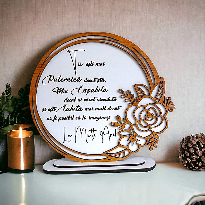 Cadou personalizat, tablou din lemn elegant cu trandafir si mesaj standard pentru Invatatoare [5]