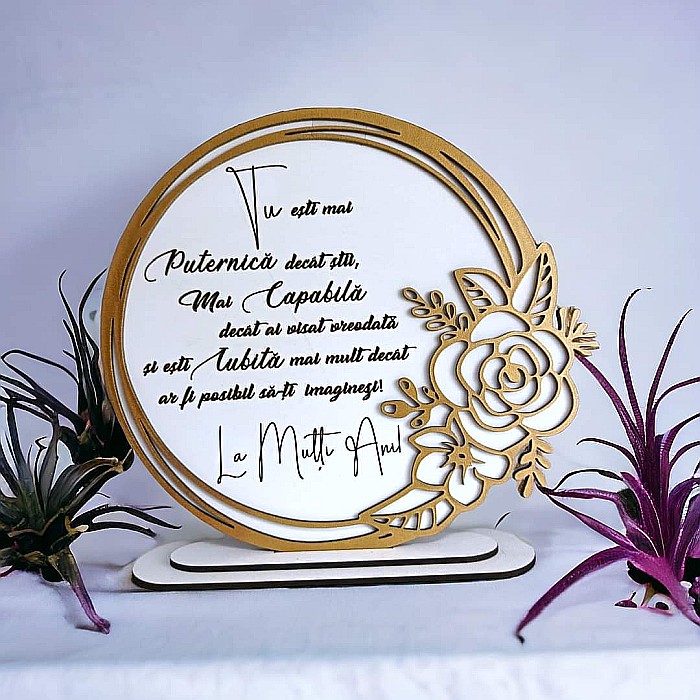 Cadou personalizat, tablou din lemn elegant cu trandafir si mesaj standard pentru Invatatoare [3]