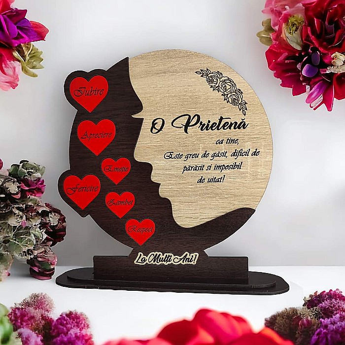 Cadou personalizat, tablou din lemn cu inimi rosii si mesaj standard pentru Sotie/Iubita, maro [2]