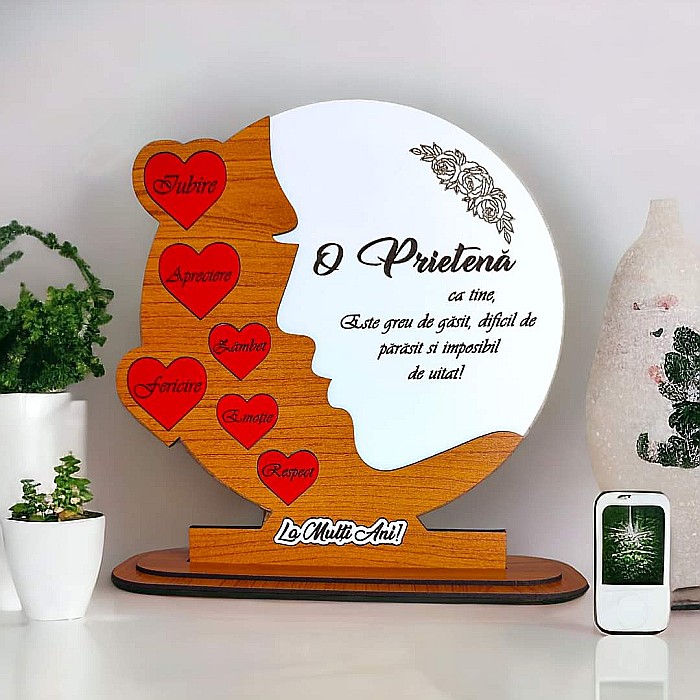 Cadou personalizat, tablou din lemn cu inimi rosii si mesaj standard pentru Sotie/Iubita, maro [3]