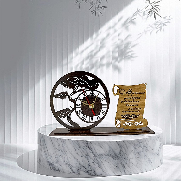 Blank Ceas Bonsai cu Placută, personalizat "Mii de multumiri pentru efortul", Produs în România de Rustic Wood Decor ,dimensiune 30x18cm [1]