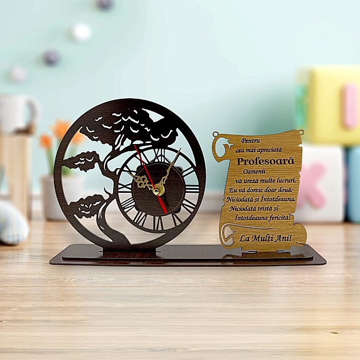Blank Ceas Bonsai cu Placută, personalizat pentru Profesoara "Pentru cea mai Apreciata", Produs în România de Rustic Wood Decor ,dimensiune 30x18cm [1]