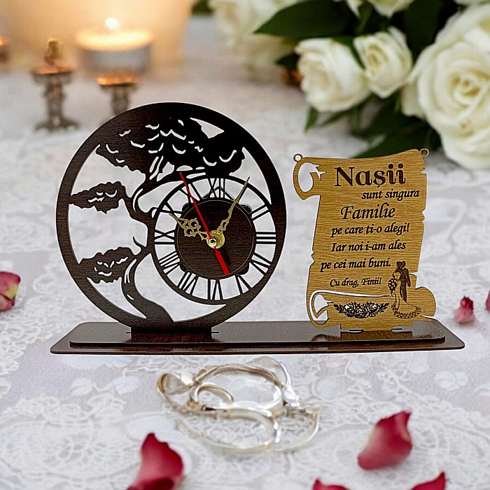 Blank Ceas Bonsai cu Placută, personalizat pentru Nasi "Nasii sunt singura Familie pe care ti-o alegi", Produs în România de Rustic Wood Decor ,dimensiune 30x18cm [1]
