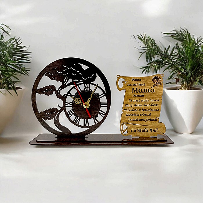 Blank Ceas Bonsai cu Placută, personalizat pentru Mama "Pentru cea mai buna Mama", Produs în România de Rustic Wood Decor ,dimensiune 30x18cm [1]