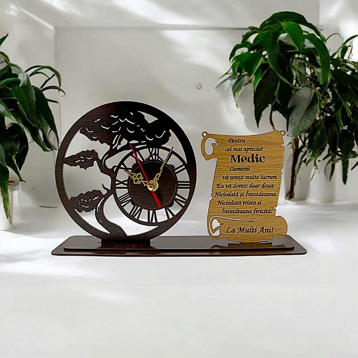 Blank Ceas Bonsai cu Placută, personalizat pentru Medic "Pentru cel mai apreciat Medic", Produs în România de Rustic Wood Decor ,dimensiune 30x18cm [1]