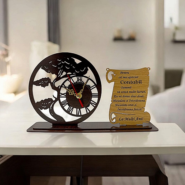 Blank Ceas Bonsai cu Placută, personalizat pentru Contabil "Pentru cel mai apreciat Contabil", Produs în România de Rustic Wood Decor ,dimensiune 30x18cm [1]
