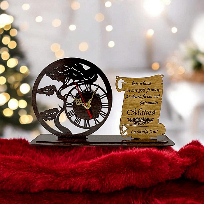 Blank Ceas Bonsai cu Placută, personalizat pentru Matusa "Intr-o lume in care poti fii orice", Produs în România de Rustic Wood Decor ,dimensiune 30x18cm [1]