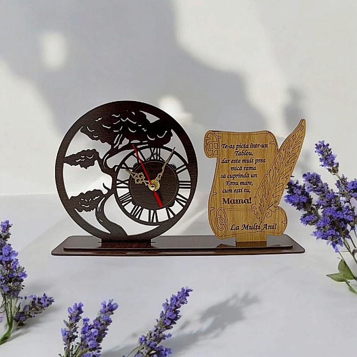 Blank Ceas Bonsai cu Placută, personalizat pentru Mama "Te-as picta intr-un tablou dar este mult prea mica rama", Produs în România de Rustic Wood Decor ,dimensiune 30x18cm [1]