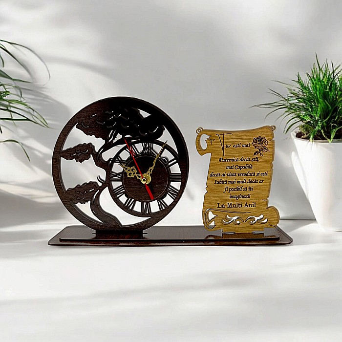 Blank Ceas Bonsai cu Placută, personalizat "Tu esti mai puternica decat stii", Produs în România de Rustic Wood Decor ,dimensiune 30x18cm [1]