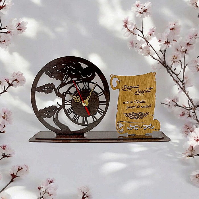 Blank Ceas Bonsai cu Placută, personalizat "Oamenii Speciali scriu in Suflet povesti de neuitat", Produs în România de Rustic Wood Decor ,dimensiune 30x18cm [1]
