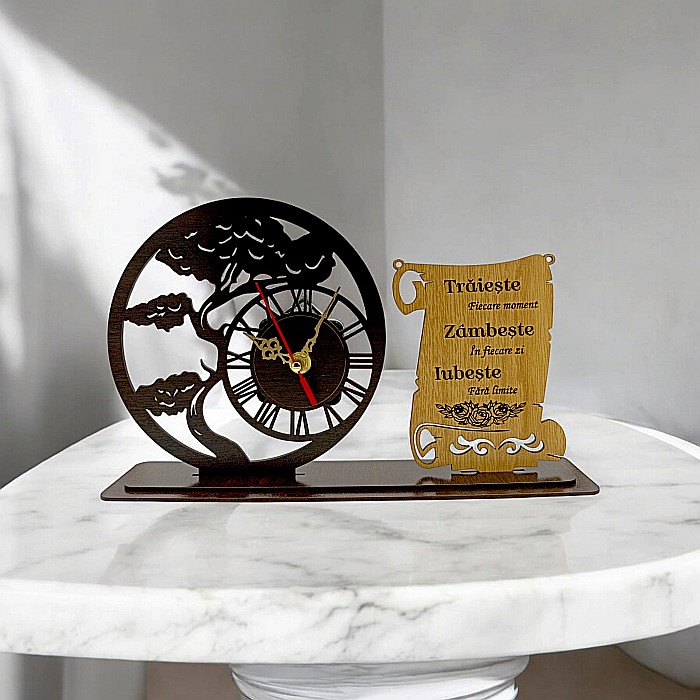 Blank Ceas Bonsai cu Placută, personalizat "Traieste, Zambeste, Iubeste", Produs în România de Rustic Wood Decor ,dimensiune 30x18cm [1]