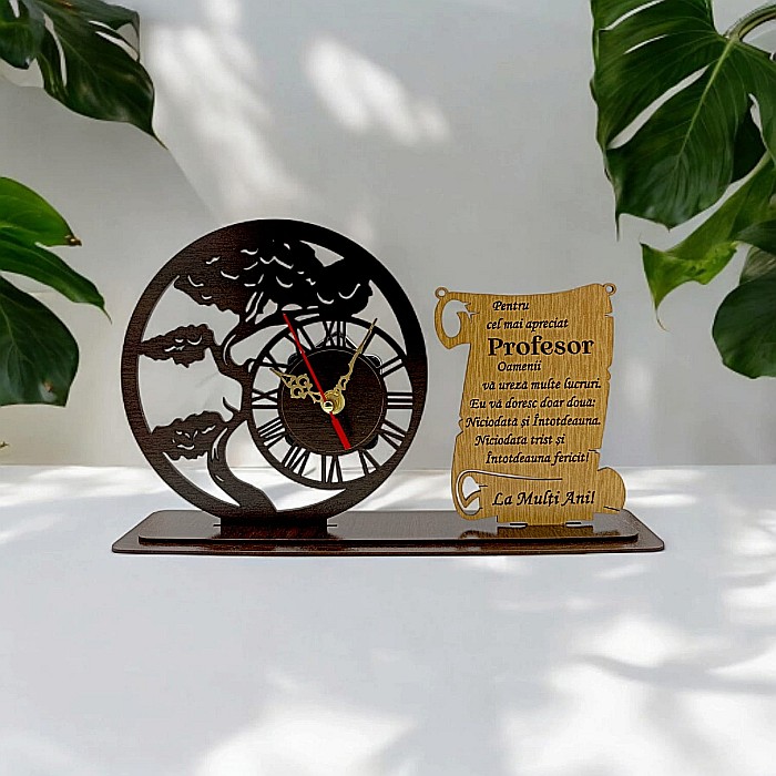 Blank Ceas Bonsai cu Placută, personalizat pentru Profesor "Pentru cel mai apreciat Profesor", Produs în România de Rustic Wood Decor ,dimensiune 30x18cm [1]