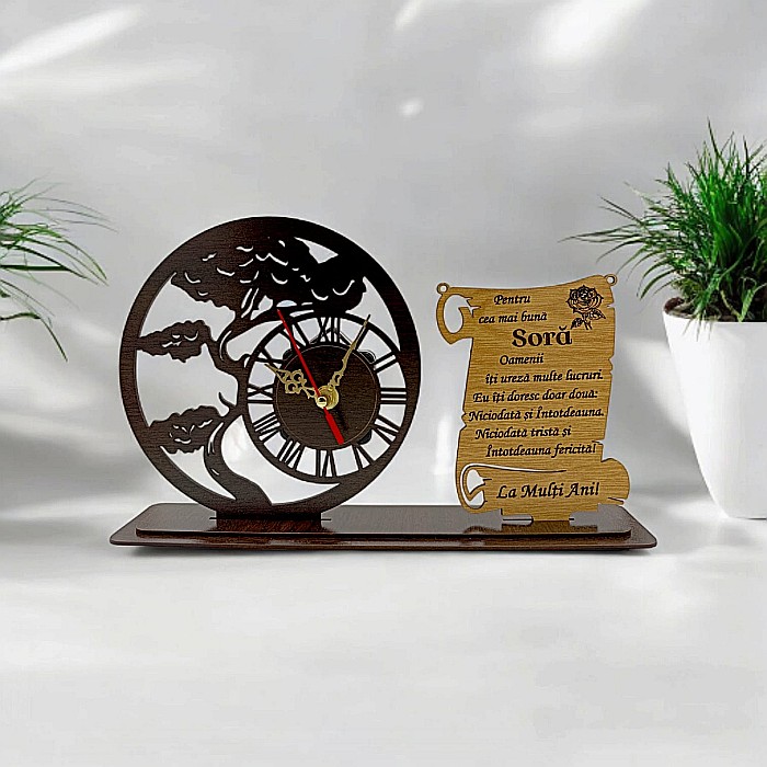Blank Ceas Bonsai cu Placută, personalizat pentru Sora "Pentru cea mai buna Sora", Produs în România de Rustic Wood Decor ,dimensiune 30x18cm [1]