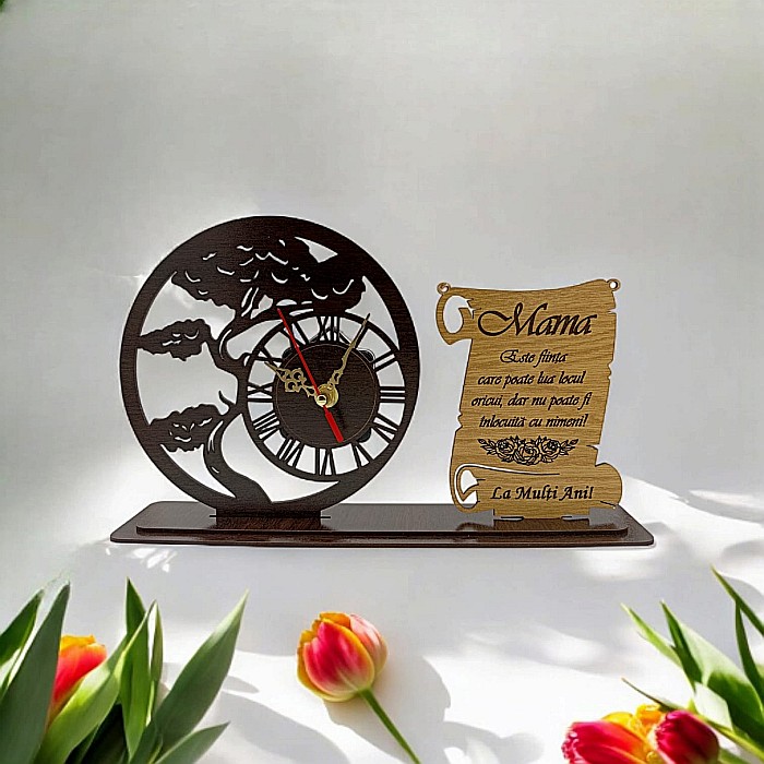 Blank Ceas Bonsai cu Placută, personalizat pentru Mama "Mama este fiinta care poate lua locul oricui", Produs în România de Rustic Wood Decor ,dimensiune 30x18cm [1]
