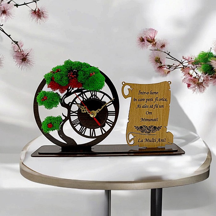 Ceas Bonsai cu Placută, personalizat "Intr-o lume in care poti fii orice ai ales sa fi un om minunat!", Produs în România de Rustic Wood Decor ,dimensiune 30x18cm [1]