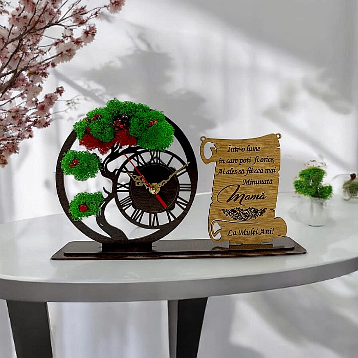 Ceas Bonsai cu Placută, personalizat pentru Mama "Intr-o lume in care poti fi orice, ai ales sa fii cea mai minunata", Produs în România de Rustic Wood Decor ,dimensiune 30x18cm [1]
