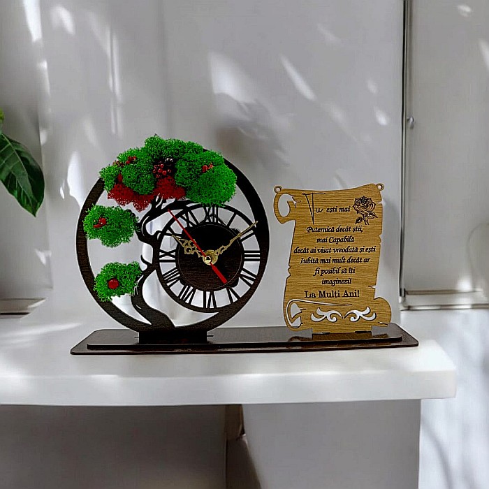 Ceas Bonsai cu Placută, personalizat "Tu ești mai puternică decât crezi", Produs în România de Rustic Wood Decor ,dimensiune 30x18cm [1]