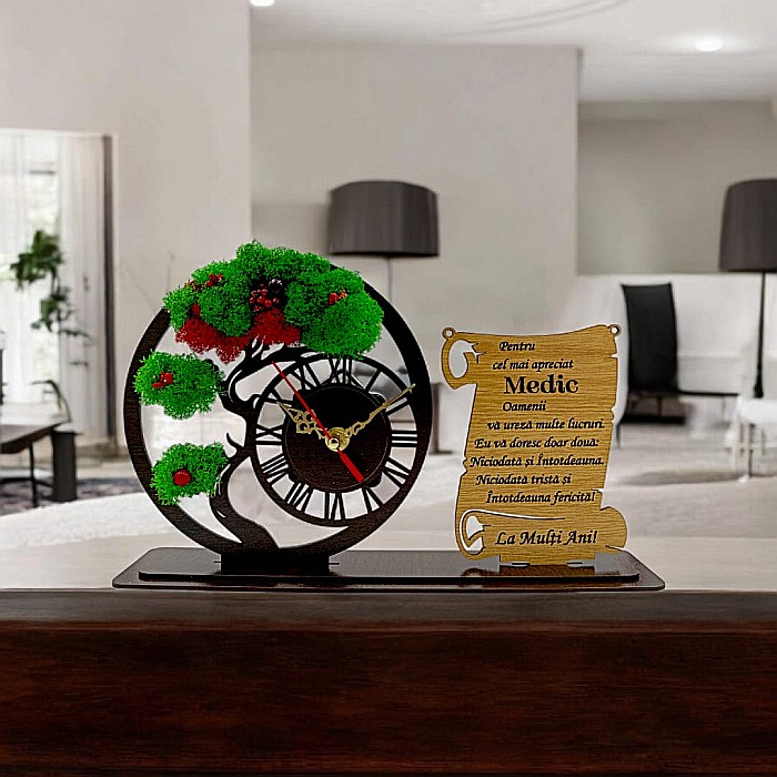 Ceas Bonsai cu Placută, personalizat pentru Medic "Pentru cel mai apreciat Medic", Produs în România de Rustic Wood Decor ,dimensiune 30x18cm [1]