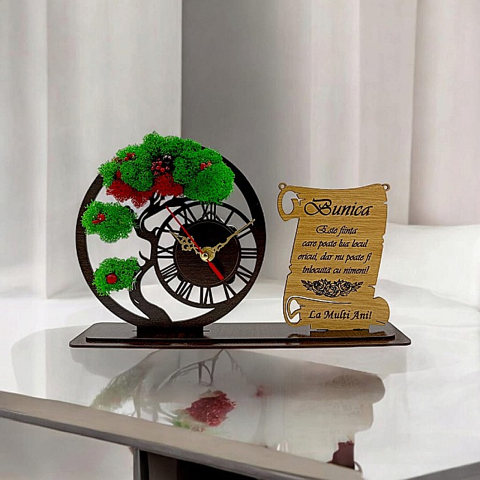 Ceas Bonsai cu Placută, personalizat pentru Bunica "Bunica este ființa care poate lua locul oricui", Produs în România de Rustic Wood Decor ,dimensiune 30x18cm [1]