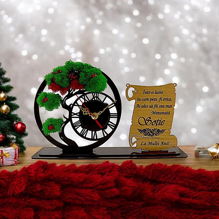 Ceas Bonsai cu Placută, personalizat pentru Soție "Intr-o lume in care poti fii orice", Produs în România de Rustic Wood Decor ,dimensiune 30x18cm [1]