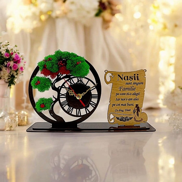 Ceas Bonsai cu Placută, personalizat pentru Nași "Nașii sunt singura familie pe care ți-o alegi", Produs în România de Rustic Wood Decor ,dimensiune 30x18cm [1]