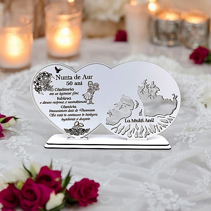 Blank decorativ cu suport, personalizat pentru Nunta De Aur 50 De Ani , Produs în România de Rustic Wood Decor, dimensiune 30x16cm [1]